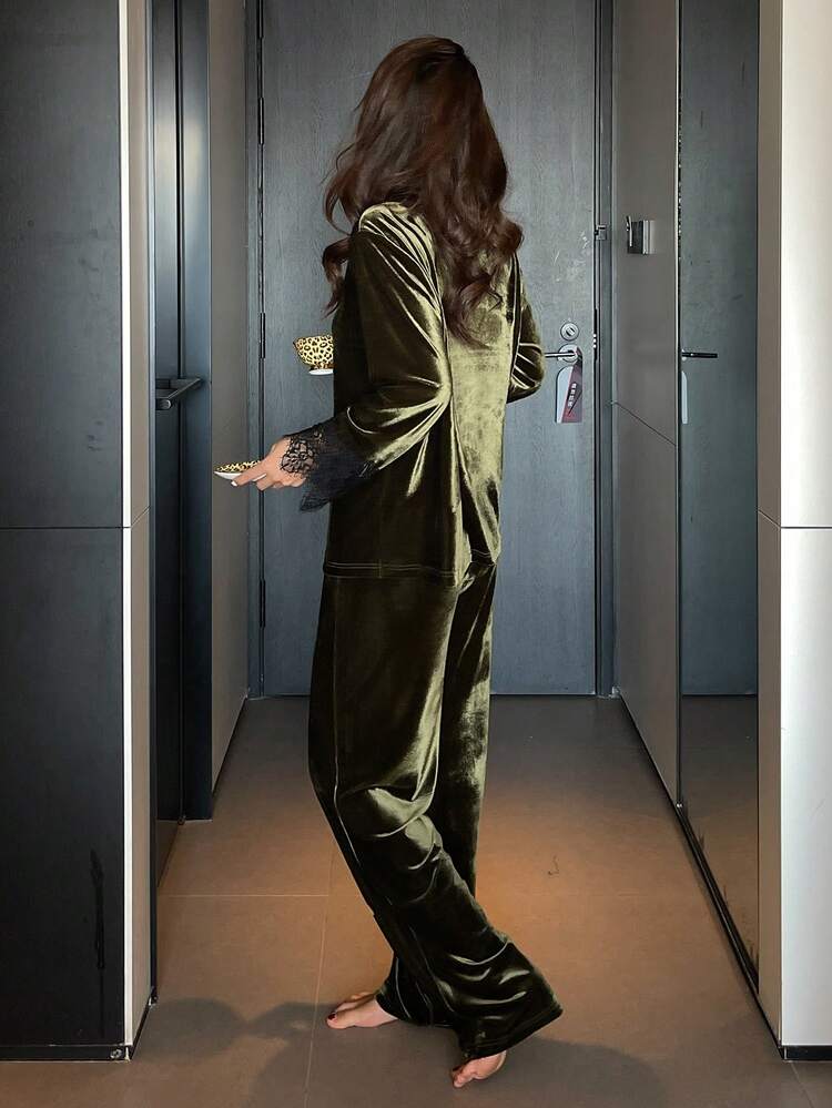 2pcs Women Lace Patchwork Loose Cardigan Long Sleeve & Pants Pajama Set