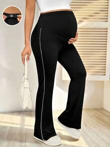 SHEIN 孕妇撞色滚边高腰优雅修身裤 - 黑色 - 查看 1