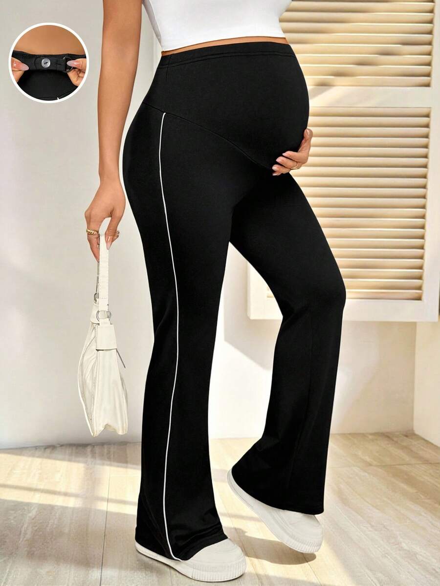 SHEIN 孕妇撞色滚边高腰优雅修身裤 - 黑色 - 查看 1