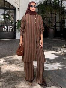 DAZY Women's Elegant Striped Oblique Collar Slit Long Shirt And Wide Leg Pants 2 Pieces Set, Spring/Summer - Coffee Brown - View 1