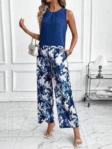 SHEIN Clasi 优雅女士纯色纹理褶皱上衣和花朵阔腿裤套装 - 藍色 - 查看 6