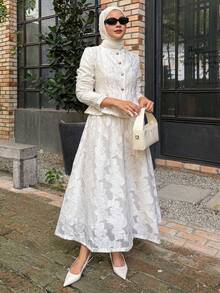 DAZY 女士优雅纹理蕾丝圆领上衣和A字裙两件套，春夏款 - 米色 - 查看 1