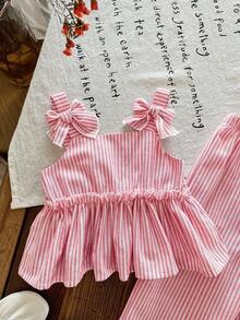 SHEIN LMoss Kids 女婴夏季可爱红色条纹吊带背心和松紧腰裤套装 - 紅色 - 查看 4