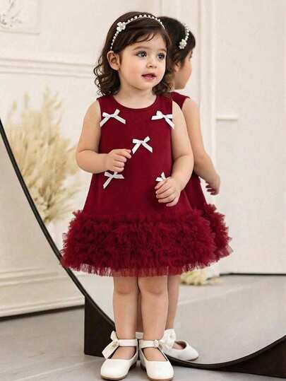 Glamorique Kids Baby Girls' Cute Car Decor Bow Ruffle Hem Ruched Pink Mesh Knit Sleeveless Dress, Korean Style, Summer Baby Bow Dress Burgundy Baby Girl Dress