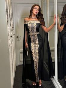 Modelyn Women's Elegant Party Banquet Off Shoulder Lace Patchwork Fitted Cloak Dress - Black - View 5