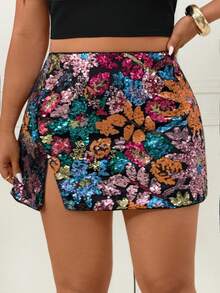 Femmeverse Jupe moulante fendue à sequins floraux grande taille pour femme, jupe trapèze polyvalente et à la mode - Multicolore - Voir 4