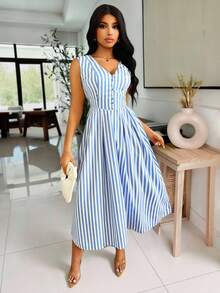 SHEIN Unity Vestido midi de botões com cintura e sem mangas, listrado, para o verão - Azul - Visão 4