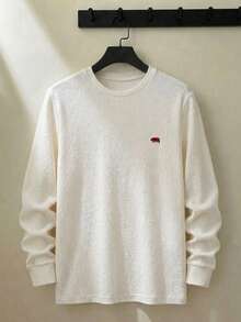 ESTAVOR Men Textured Fabric Bear Embroidered Logo Ribbed Crewneck Long Sleeve T-Shirt Fall Casual Streetwear Slim Fit Top - White - View 1