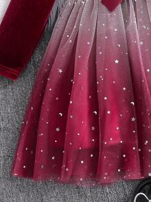 SHEIN Glamorique Kids 年轻女孩渐变网纱下摆圆领长袖优雅连衣裙 - 紅色 - 查看 4