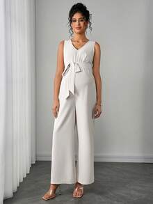 Momance Mono elegante sin mangas con cuello en V y lazo decorativo para mujeres embarazadas de unicolor - Albaricoque - Ver 5