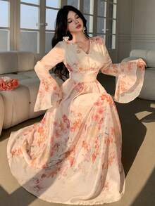 DAZY فستان أنيق للنساء بياقة على شكل حرف V وأكمام واسعة متوسط الطول، فستان ضيف حفل زفاف في الربيع/الصيف - وردي - مشاهدة 5