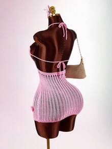 Amplova Áo tắm dệt kim hình trái tim có mũ trùm đầu dành cho nữ, áo hai dây màu hồng trong suốt kết hợp với áo choàng bikini cho kỳ nghỉ ở bãi biển - Hồng - Xem 7