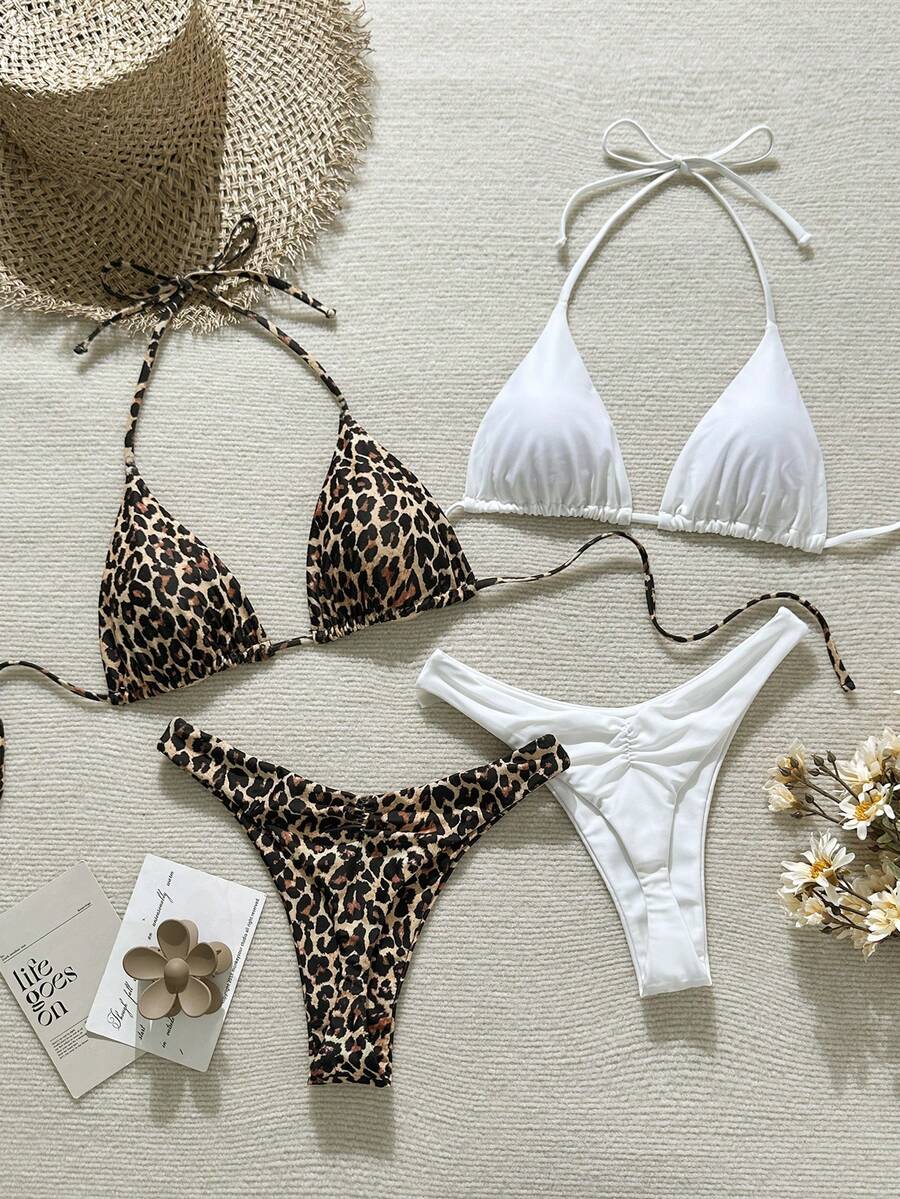Swim Vcay Springbreak 新款豹纹纯色露背高开叉细肩带比基尼套装泳衣 - 彩色 - 查看 1