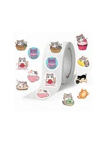 500pcs/Set Roll Stickers, Cartoon Cat Washi Tape, Journaling Material, Envelope Sealing Stickers - Multicolor - View 1