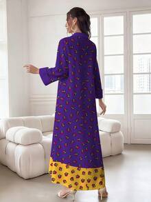 SHEIN Najma 女士花卉植物印花撞色V领长袖优雅阿拉伯风格长款连衣裙，春秋季 - 彩色 - 查看 2