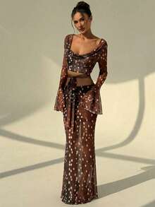 Aloruh 女士波点印花荷叶边领口喇叭袖打结腰部露脐上衣和鱼尾中长裙两件套 - 彩色 - 查看 4