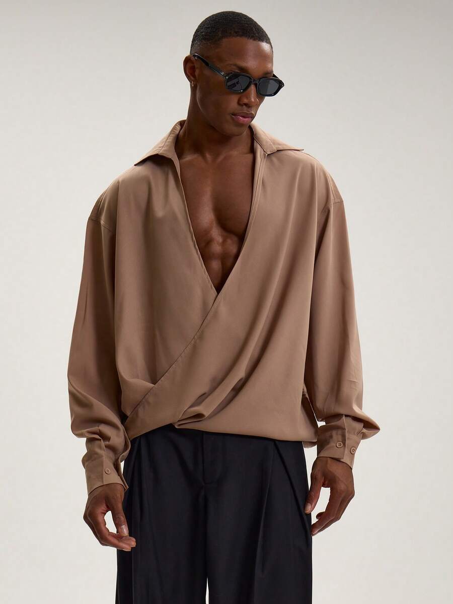 Musero Áo sơ mi dài tay voan xếp nếp chỉ dành cho mùa hè thông minh phong cách đường phố - màu nâu - Xem 1