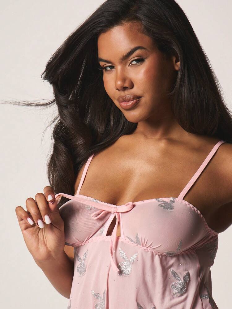 Missguided x Playboy Soft Bunny Print Cami Slip And Matching Bottom Set With Tie Front Detail Cute Intimates
