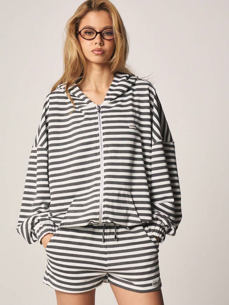 Missguided x Playboy Striped Oversized Zip Hoodie And Matching Shorts Two Piece Lounge Set With Centre Pocket