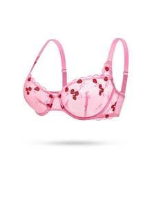 LUVLETTE Valentine's Day Pink Rose Embroidered Elegance Lingerie Breathable Balconette Sexy Unlined Floral Lace Sheer  Pink Mesh Bra Romantic Gifts Bra - Pink - View 11