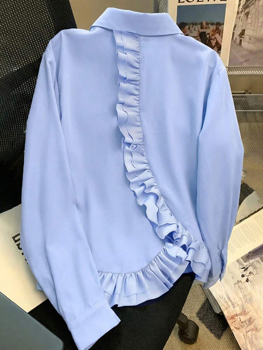 GlowEve CURVE 大码女式梭织常规款早春休闲舒适通勤衬衫,交叉露背双层荷叶边下摆,长袖蓝色衬衫 - 藍色 - 查看 1