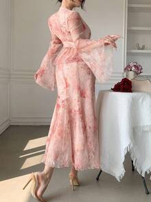 DAZY Damen elegantes 2-teiliges Set aus Blumenprint V-Ausschnitt Bluse mit Glockenärmeln und Rock, Frühling/Sommer - Pink - Übersicht 2