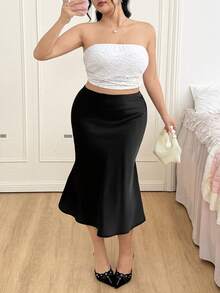 SHEIN EZwear Chân váy satin đen cạp cao cỡ lớn, thích hợp cho các bữa tiệc và hẹn hò, mùa xuân/hè. - màu đen - Xem 7