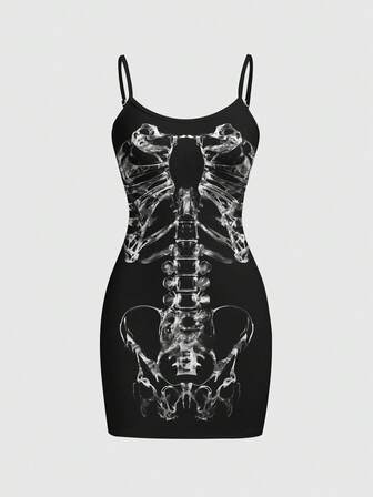 Goth Gotisch-Retro-Romantisches Skelett-Muster Damen Slip Kleid