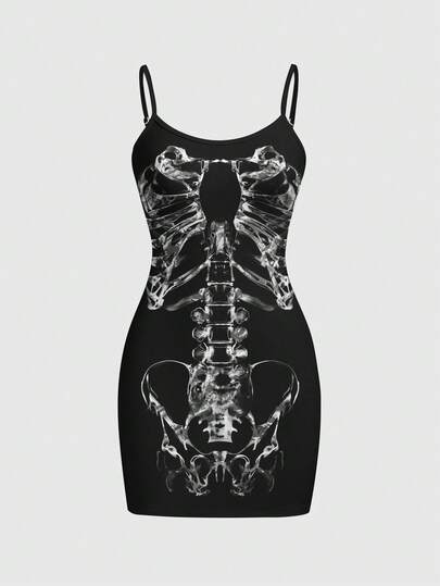 Goth Abito a sottoveste da donna con stampa gotica retrò romantica di scheletri