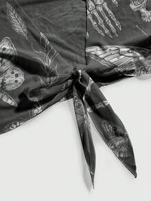 ROMWE Goth Áo khoác cardigan gợi cảm cỡ lớn dành cho nữ, họa tiết rừng tối bí ẩn, đầu lâu, nấm, bướm đêm và lá cây. - màu đen - Xem 5