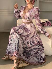 DAZY Vestido de dama de honor de manga abullonada con cuello en V y bloqueo de color floral elegante de longitud media, vestido de invitada de boda de primavera/verano - Rosa - Ver 7