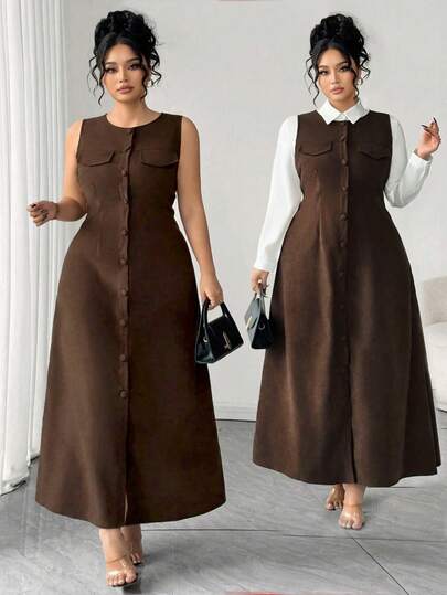 Elenzga 大码女士优雅棕色纽扣无袖连衣裙，舒适修身A字版型，适合上学、毕业典礼、情人节、音乐节、母亲节、万圣节、感恩节、复活节、国庆节、舞会、约会派对、婚礼、户外活动等场合。