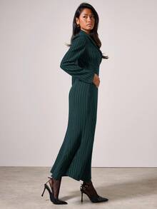 COSMINA Women's Striped Lapel NeckLong Sleeve Fitted Mermaid Hem Elegant Mid-Length Dress - Dark Green - View 4