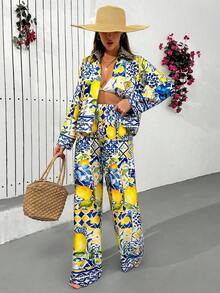 Women's Lemon Tile Print Two Pieces Set – Long Sleeve Button Up Shirt & Wide Leg Pants, Mediterranean Summer Outfit, Vacation Lounge Wear - Multicolor - View 2