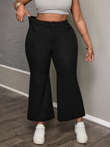SHEIN PETITE CURVE 大码休闲纯色喇叭裤，适合日常生活、通勤、聚会、毕业典礼、办公室、约会、春季、外出等场合，女士休闲黑色裤子 - 黑色 - 查看 3