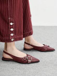 CUCCOO BIZCHIC 优雅酒红色尖头后系带鞋，简约设计，配金属搭扣 - 酒紅色 - 查看 4