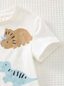 Cozy Pixies Baby Boy Cartoon Dinosaur Pattern Knitted Soft Crew Neck Short Sleeve Pullover Top Baby Boy Summer Top Dinosaur Graphic T-Shirt Dinosaur Baby Clothes Baby Graphic Tees Toddler Graphic Tshirts Baby T-Shirt Cotton Clothes Dinosaur Tshirt - White - View 5