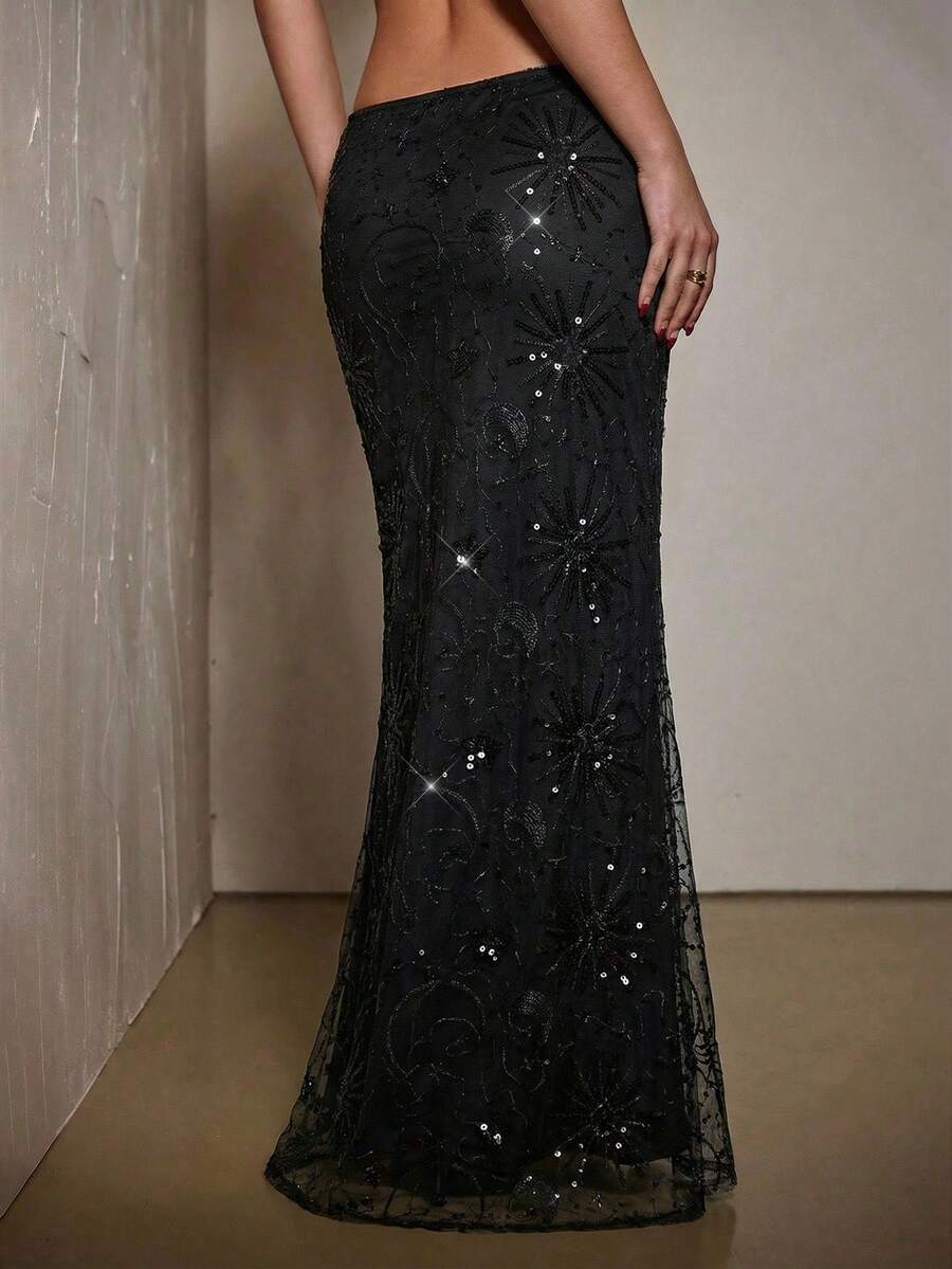 SHEIN BAE Women's Elegant Party Embroidered Sequin Skirt - Black - View 1