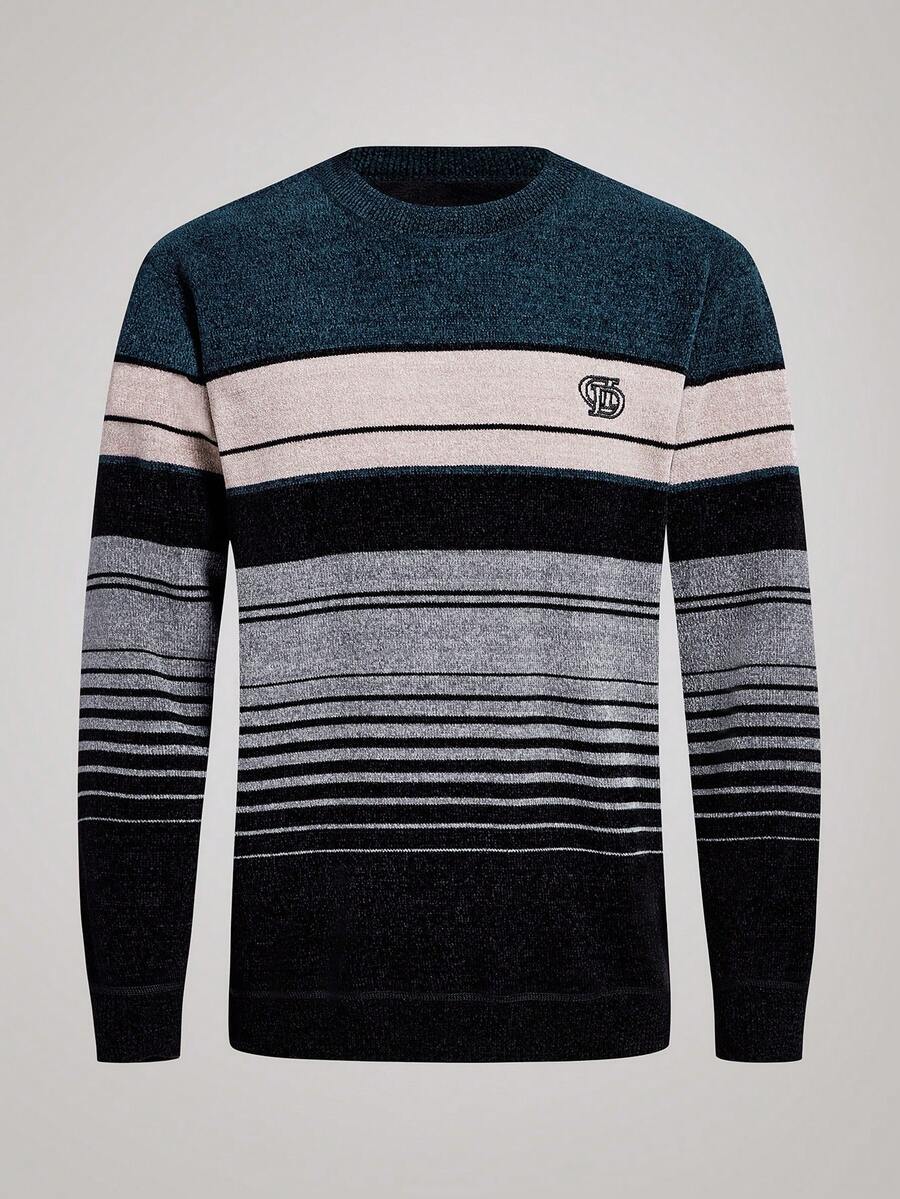 Officeau 男士红色加厚条纹羊羔绒针织衫，冬季长袖上衣 - 青碧色 - 查看 1