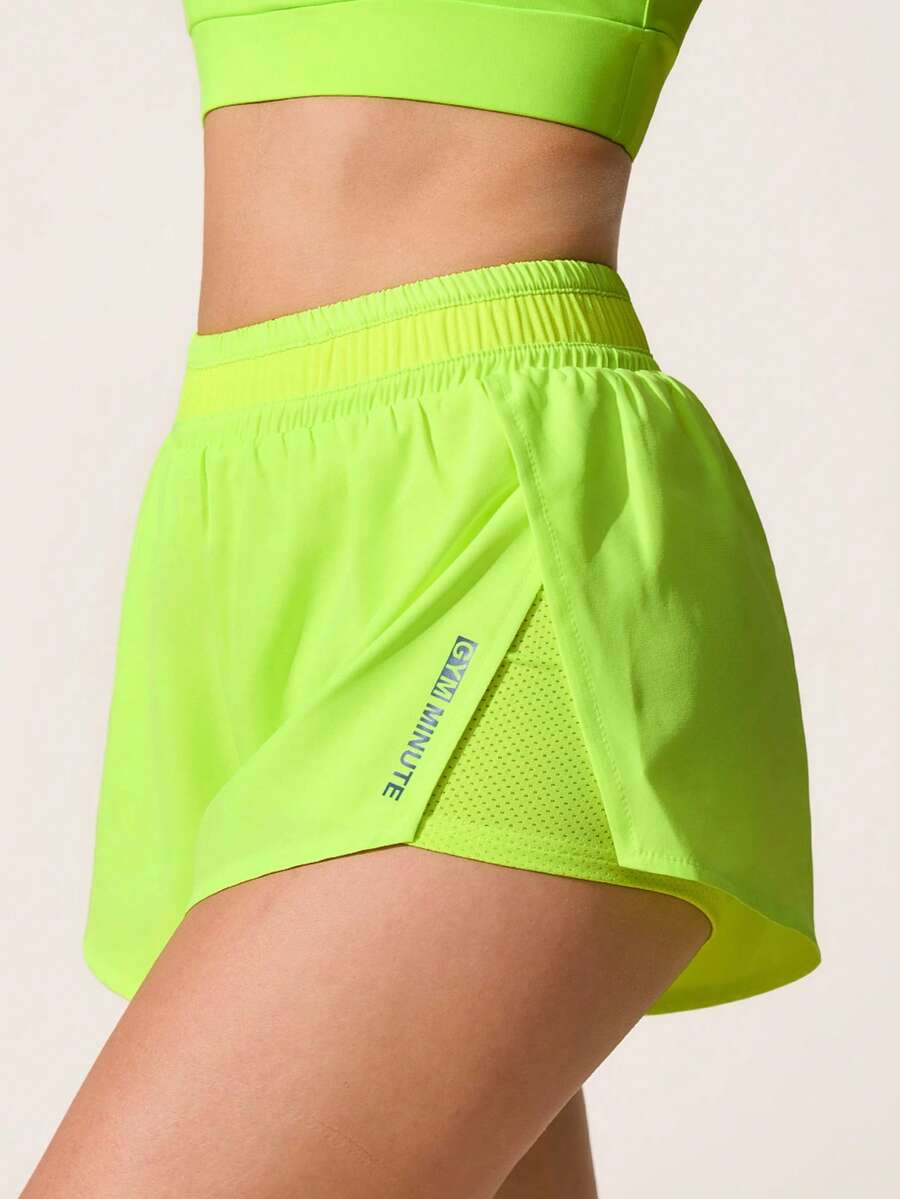 SHEIN Sovereign Charm Quần short thể thao dáng ôm, đa năng, màu vàng neon, phối lưới, có túi. - Màu vàng - Xem 1
