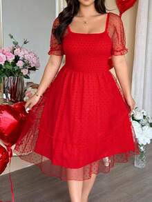 Vionelle Plus Size Red Polka Dot Mesh Overlay Midi Dress,Cute Summer Satin Party Dress For Valentine's Day - Red - View 3