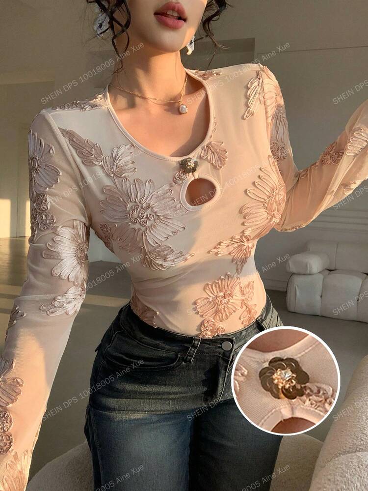 Women's Elegant Floral Print T-Shirt, Spring/Summer Long Sleeve,Wedding Guest Dress Women