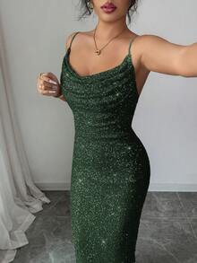 Elenzga 女士亮片吊带露背褶皱领口中长连衣裙，优雅法式复古简约百搭风格，适合冬季、万圣节、圣诞节、感恩节、下午茶会、半正式场合、性感派对、秋冬季穿着。 - 墨綠色 - 查看 3