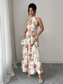 Elenzga 女士杏色底多色印花面料露背无袖高端设计收腰喇叭连衣裙，优雅精致，适合情人节、复活节、狂欢节、劳动节、生日礼物、约会、派对、正式场合、教师装、活力造型、旅行度假、春夏穿着。 - 彩色 - 查看 7