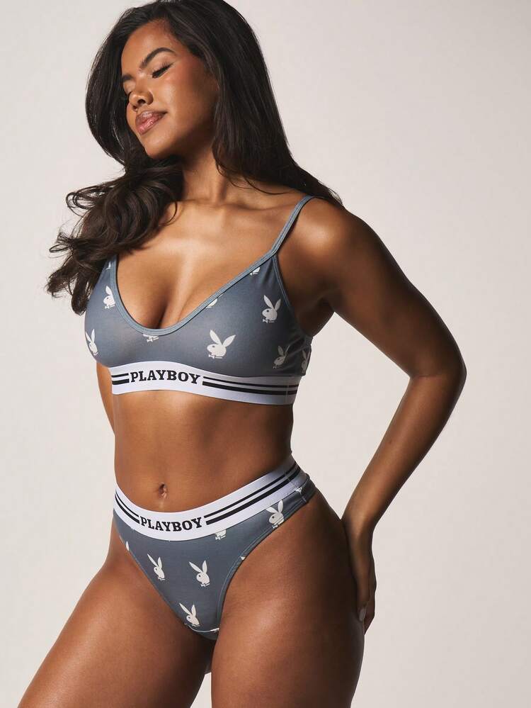 Missguided x Playboy Bunny Print V Neck Bralette With Thong Brief Set Elastic Band Intimates Loungewear Valentine Gift