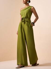 Zivah 2026春夏新款波西米亚风度假沙滩休闲通勤商务弹力腰抽绳口袋竹纤维阔腿连体裤，橄榄绿 - 橄欖綠 - 查看 4