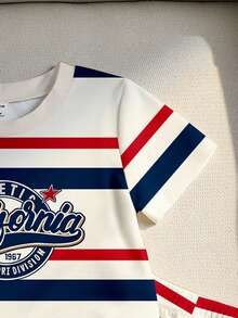 2 piezas Conjunto de niño/unisex bebé/niño pequeño 0-3 años, camiseta de cuello redondo con estampado de rayas y letras en contraste y pantalones cortos cómodos de punto con estampado de rayas, adecuado para primavera/verano, casual, al aire libre, básico, deportivo, moda minimalista - Multicolor - Ver 3