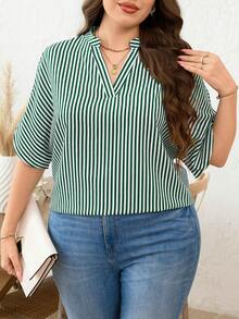 SHEIN Clasi 大码女式条纹V领宽松短袖衬衫 - 綠色 - 查看 5