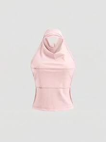 Sweetra Áo tank top đơn giản, thanh lịch, cổ yếm, có dây đeo chéo phía sau bằng thun co giãn, có thể điều chỉnh. - Màu Hồng baby - Xem 2