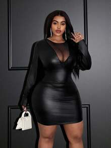 Slaydiva Đầm mini dáng ôm màu trơn bằng da PU phối lưới, cổ áo phối ren, thích hợp cho mùa Xuân/Hè, phù hợp cho Halloween, tiệc sinh nhật, sự kiện, sinh viên, mặc hàng ngày, đa năng, thanh lịch và gợi cảm. Thích hợp cho trang phục ngày Valentine. - màu đen - Xem 3